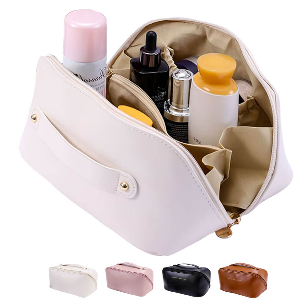 Travel Makeup Bag, Waterproof PU Leather Portable Open Flat Toiletry Bag