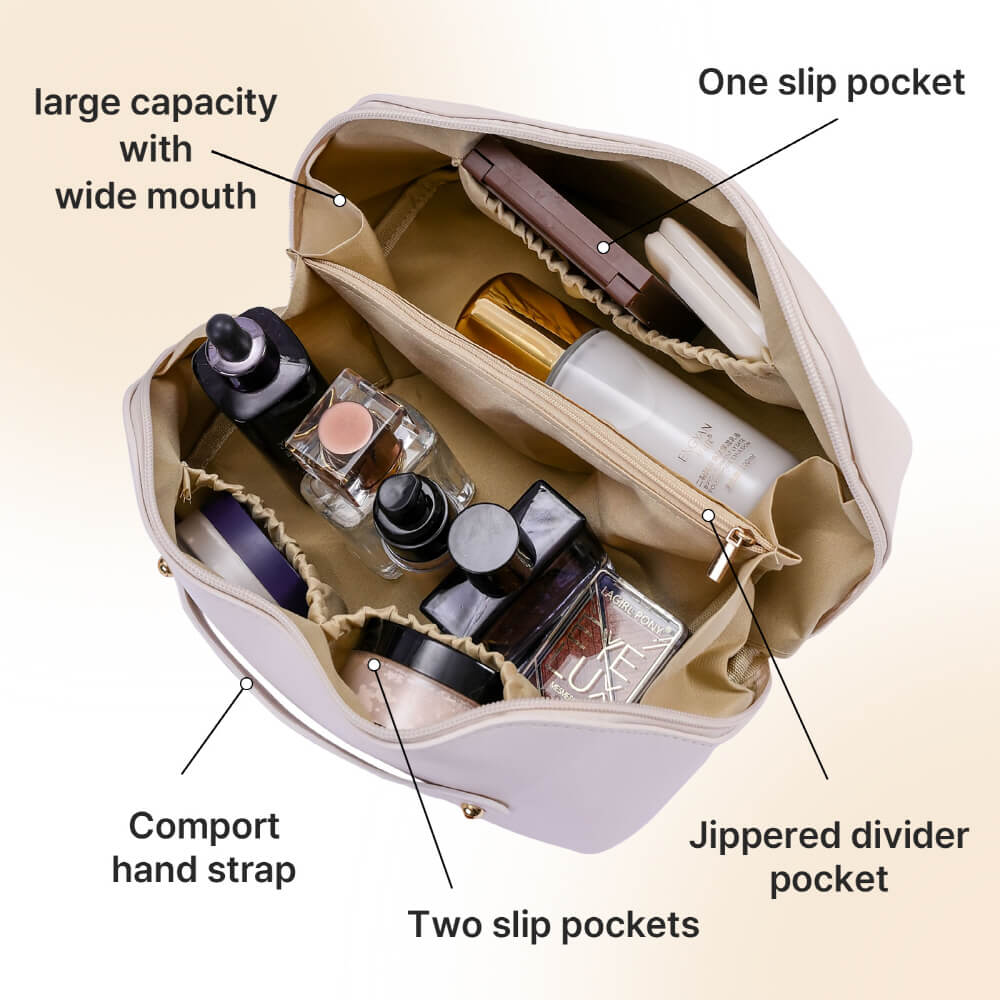 Travel Makeup Bag, Waterproof PU Leather Portable Open Flat Toiletry Bag