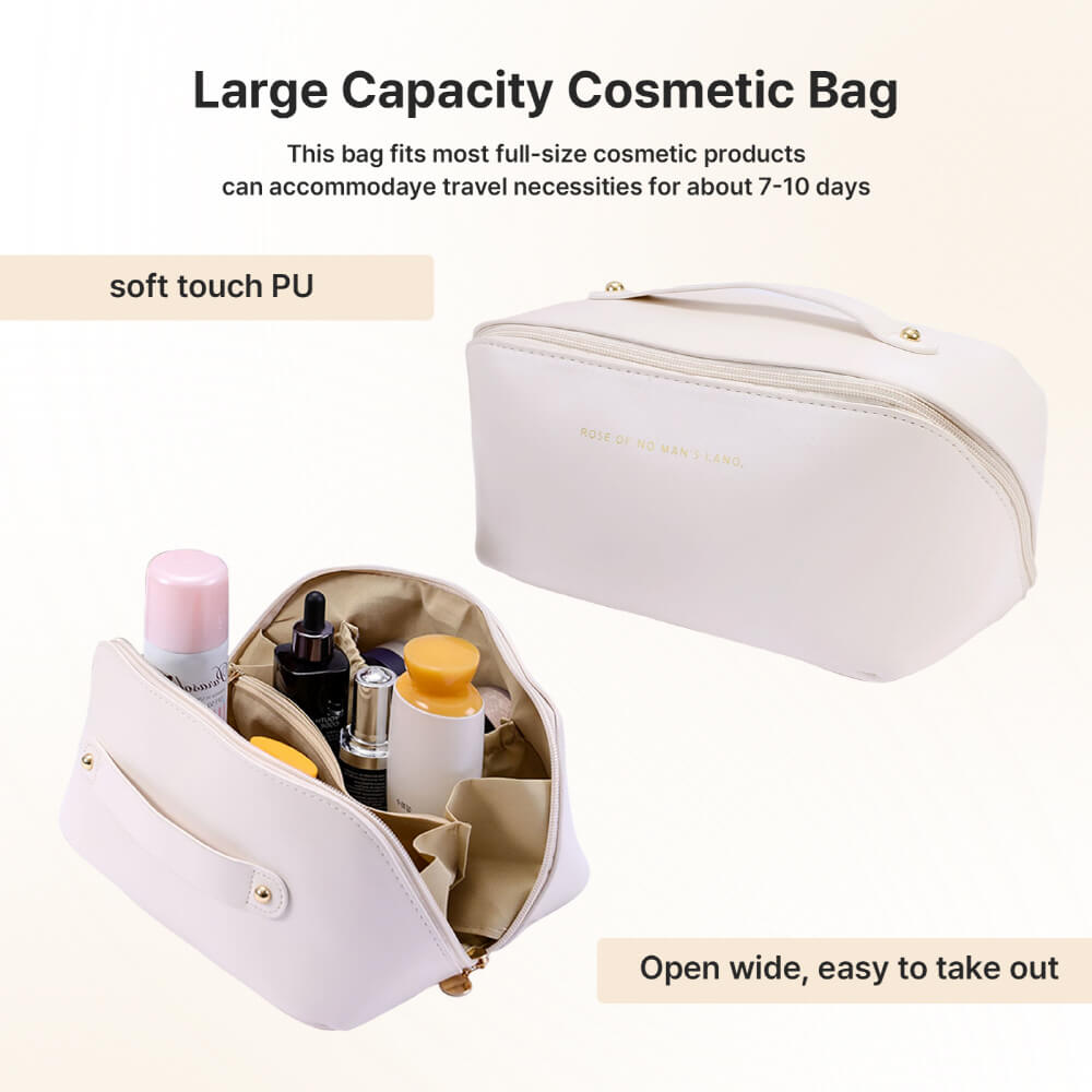 Travel Makeup Bag, Waterproof PU Leather Portable Open Flat Toiletry Bag